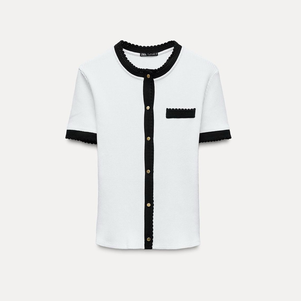 ZARA Small White & Black Ribbed Short Sleeve Cardigan - Contrast Ribbing